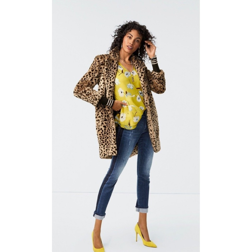 Cabi‎ Faux Fur Coat Women M Brown Leopard Excellent 3727 Ribbed Cuff Snap Front